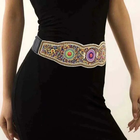 GABRIEL Stunning Boho Gypsy Western Hand Beaded Belt YELLOW MULTI - Picture 2 of 7